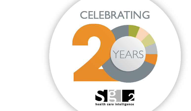 Celebrating 20 years at Sg2 with logo and stylized number 20